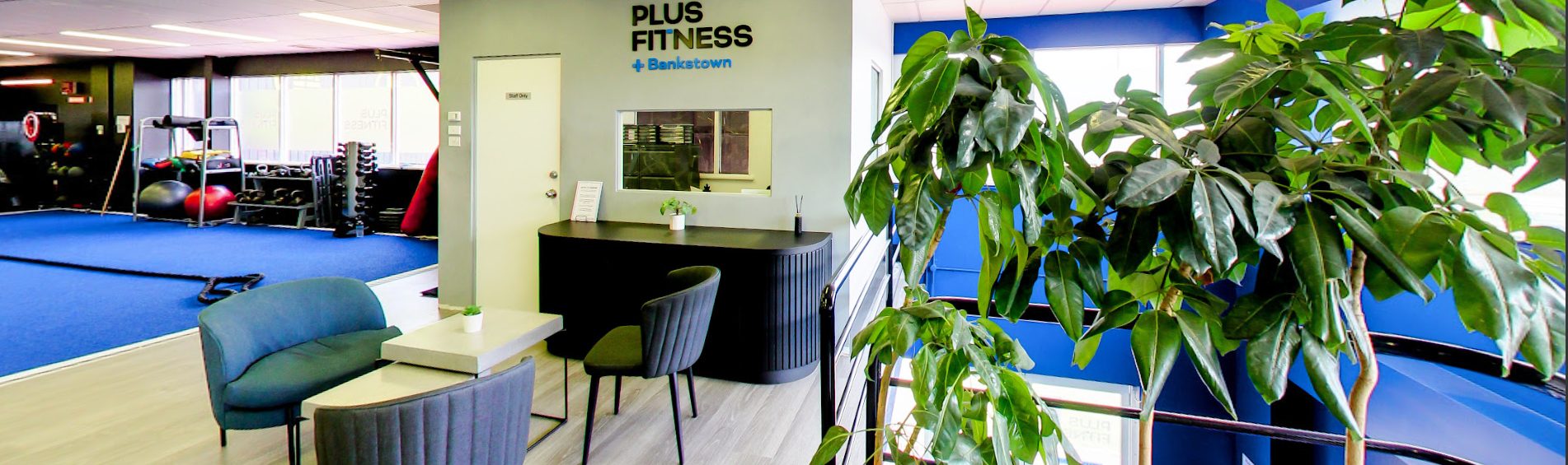 Reception and the lounge area at Plus Fitness Bankstown