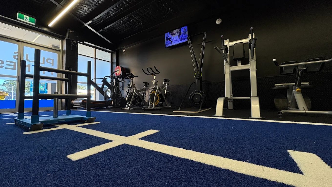 The marked turf lane with sled, spin bikes and a ski erg alongside